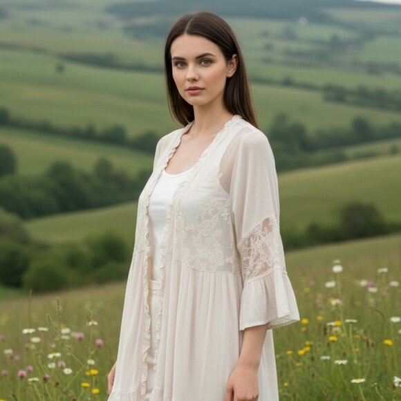 Easel Cream Lace Romantic Boho Ruffle Duster Cardigan Kimono Jacket Size Large - Picture 2 of 8